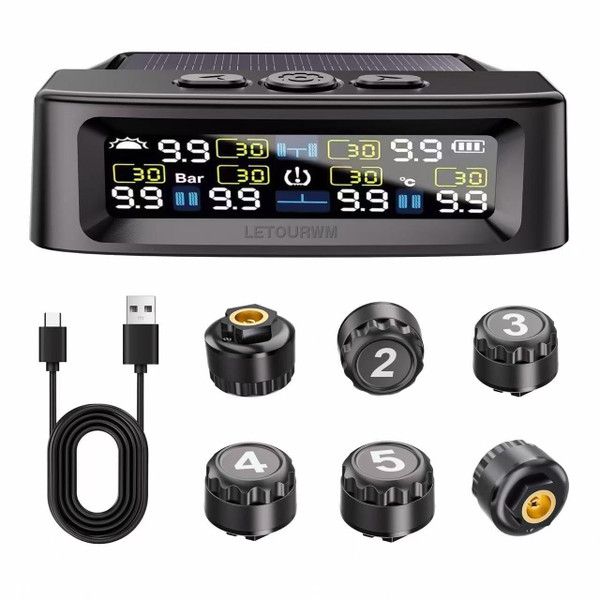 RV Tire Pressure Monitoring System -TPMS Tire Pressure Monitor with 6 Sensors,M12-3 TPMS Solar Charge & USB Color LCD Display, 0-9.9BAR/144PSI Range, 6 Alarm Modes for RV/Trailer/Truck IP67