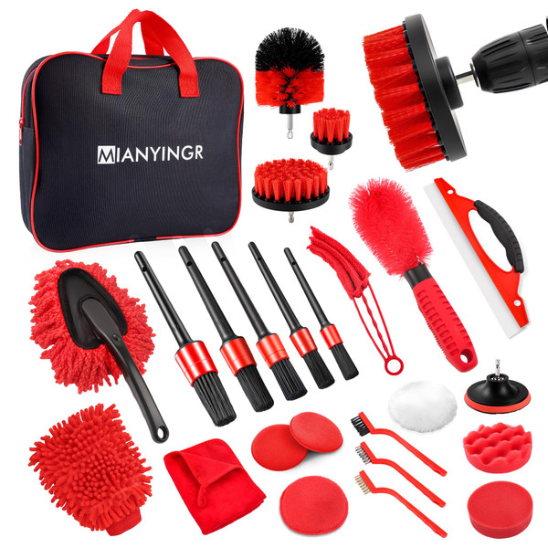 25Pcs Car Detailing Kit with Drill Brushes, Car Cleaning Kit for Interior Exterior, Wheel & Tire Brushes, Polishing Pads for Waxing, Auto Detailing Tools – Gift for Men Dad (25PCS)