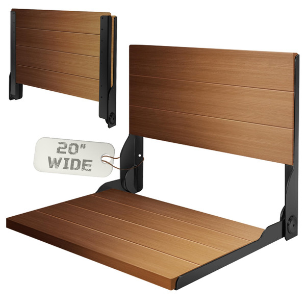 Folding Shower Seat 20'', Large Teak Shower Seat, Folding Shower Bench, Wall Mount Foldable Chair, 500 lbs Capacity, Stainless Steel, Black