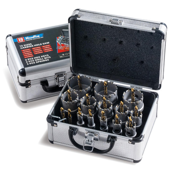 HIGHFIRE 20pcs Carbide Hole Saw Kit with Case, Carbide Tipped Hole Cutter with Pilot Drill bit for Stainless Steel, Iron, Aluminum, Alloy, Plastic