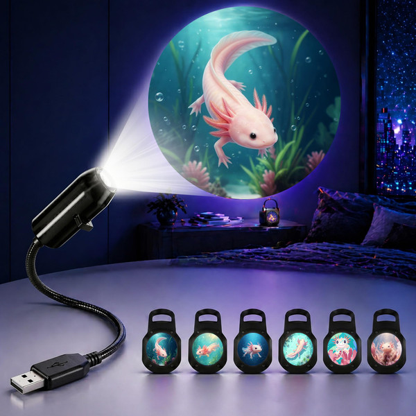 TnLnYn Axolotl Projector Night Light, 2-in-1 USB Mini Projection Night Light 360 Rotating LED Projector Suitable for Car or Room Ceiling Decoration Accessories, Axolotl Gift for Women and Men