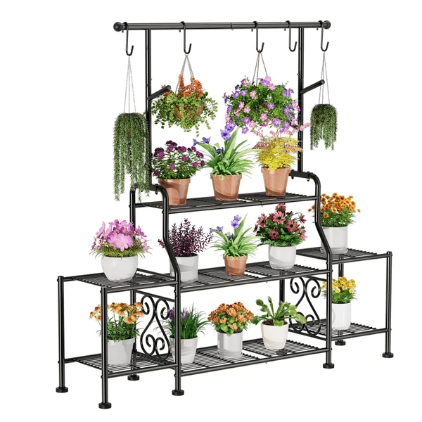 GIOTORENT 3-Tier Tall Metal Plant Stand Indoor Outdoor - Heavy Duty Plant Shelf for Garden, Patio, Balcony with 5 Hanging Hooks, Holds 16-25 Plants, Black