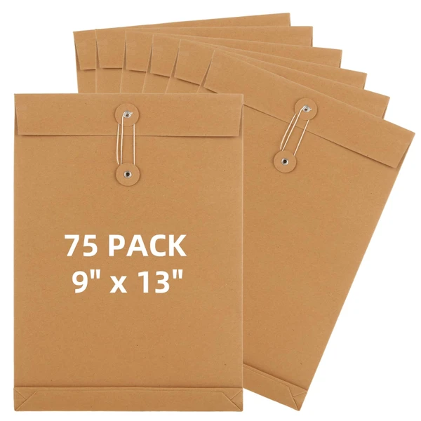 LDHHYH 75 Pack 9 x 13 Inch Kraft String Envelope File Folder for A4 Size Letter, 250gsm / 32LB Paper Mailing Envelope File Bag with Button String Closure, Large Document File Organizer - 3cm Width