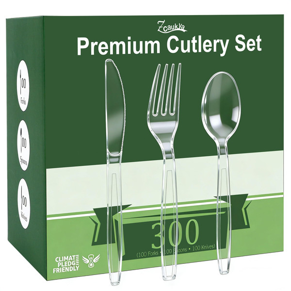 Zcaukya Clear Plastic Silverware Set, 300 Count