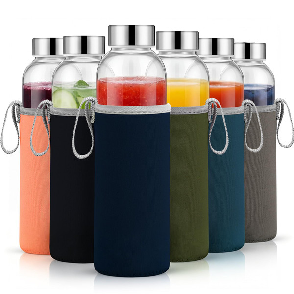 Vesici 12 Pack Glass Water Bottles with Sleeves, Colorful, Low Profile