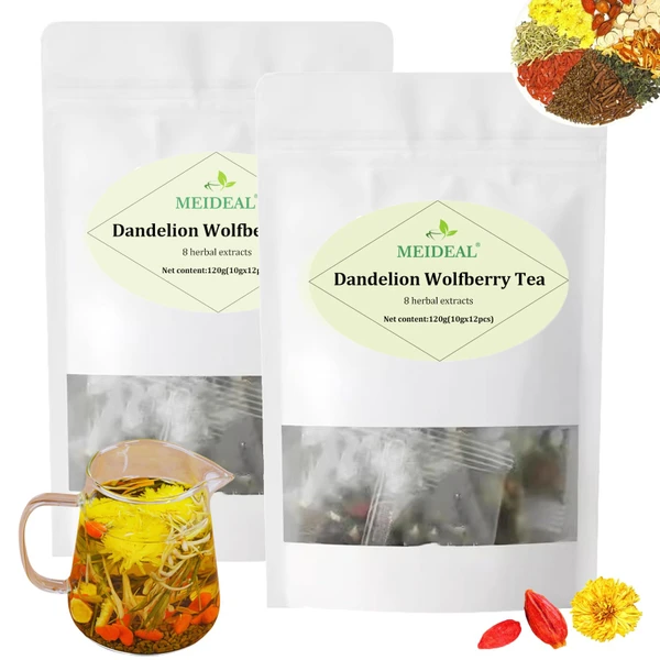 Dandelion Wolfberry Tea, 8 Natural Herbal Ingredients Blend, Dandelion Teabag, Natural Chinese Wolfberry Tea Bags, Chrysanthemunn Cassia Seed (2 Bags 24 Pcs)