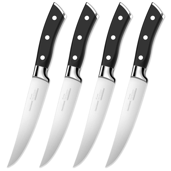 OAKSWARE Steak Knives Set of 4, 5 Inch Non Serrated Knife, Full Tang Forged