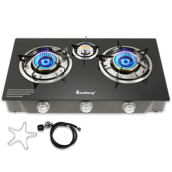 BesNerg Propane Stove 3 Burner Gas Stove 32000 BTU Auto Ignition Tempered Glass LPG Cooktop with CSA Hose for Outdoor Cooking, Emergency