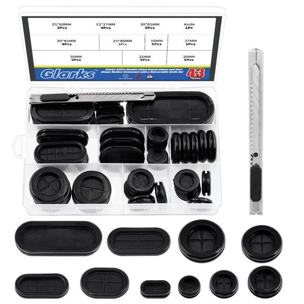 Glarks 43Pcs 10 Size Oval and Round Rubber Grommets Set, Double Sided Oval and Round Rubber Hole Plug Wire Protection Firewall Hole Plug with 1Pc Retractable Knife for Wire, Plug, Plumbing