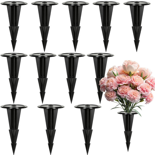 NODMIPNS 12 Pack Floral Ground Spikes, 5.5 Inch Artificial Flower Holder Stakes with 0.6" Universal Hole, Weather Resistant Cemetery Flower Stakes for Grave, Garden, Patio, Window Box Decor (12)