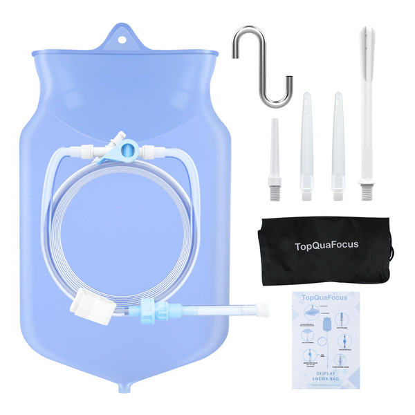 TopQuaFocus Silicone Enema Bag Kit, 3L Capacity, Blue, with 6.5ft Tubing, Adjustable Clamp, Anti-Back Flow Valve, Multiple Nozzles, Storage Bag