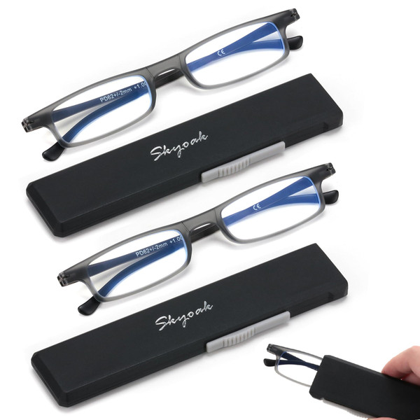 2 Pack Ultra thin Lightweight Folding Reading Glasses Women Men TR90 Blue Light Blocking Anti UV/Eyestrain Foldable Compact Computer Readers Portable Unique Stretchable Slim Flat case Gunmetal, +3.5