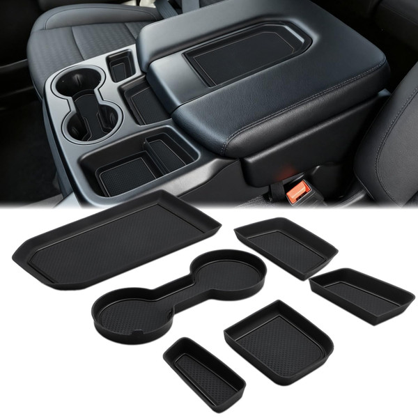 Auovo Silicone Cup Holder Inserts for Chevy Silverado 1500 & GMC Sierra 1500 Split-Bench Seat 2019-2026 Center Console Pads Car Custom Center Console Trim Car Interior Decoration Trim (6pcs, Black)