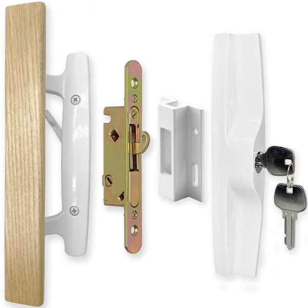 Patio Sliding Patio Door Handle Set with Mortise Lock, Key Cylinder and Keeper, Wood Handle Lock Set Fits Door Thickness from 1-1/2" to 1-3/4", 3-15/16" Screw Hole Spacing, Keyed, White (White)