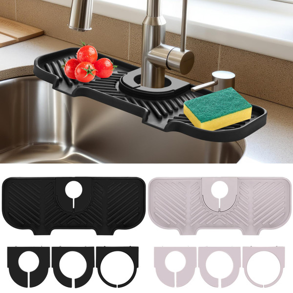 Teenyyou 2 Pcs Silicone Faucet Splash Guard 10.6 ” x 4.3” Kitchen Sink Splash Guard Faucet Mat for Kitchen Mat Catcher Black and Grey Sink Accessories for Bathroom