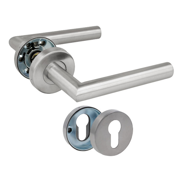 Amig - Door Handle Set on Rose - 136 x Ø19 mm - Elegant and Simple Design - Ideal for Your Home or Office - Stainless Steel - Matte Silver - Includes Euro Cylinder Keyhole Cover
