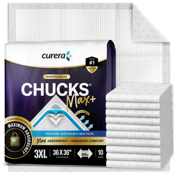 Chucks MAX+ Hospital Bed Pads Disposable Adult 36 x 36 Incontinence Pads - XXX-Large Pee Pads for Elderly Adults. Extra Heavy Duty Absorbency + Breathable Soft Padding, Repositioning Underpads 10-Pack