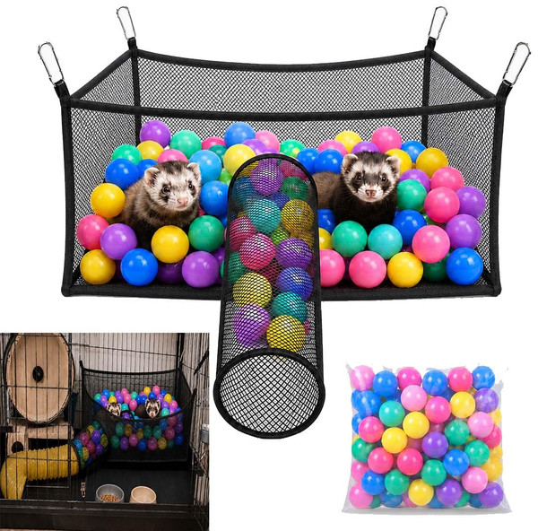 Ferret Ball Pit Hammock for Cage with 60 Colorful Play Balls, Interactive Hanging Enrichment Toy, Compatible with Ferret Tunnel Systems, Fun Activity Center for Ferrets and Small Animals