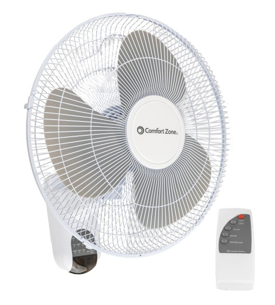 Comfort Zone Oscillating Wall Mount Fan with Remote Control, Timer, Auto Shut Off, Adjustable Tilt, Quiet, 16 inch, 3 Speed, Ideal for Home, Bedroom, Gym & Office, Airflow 14.07 ft/sec, CZ16WR