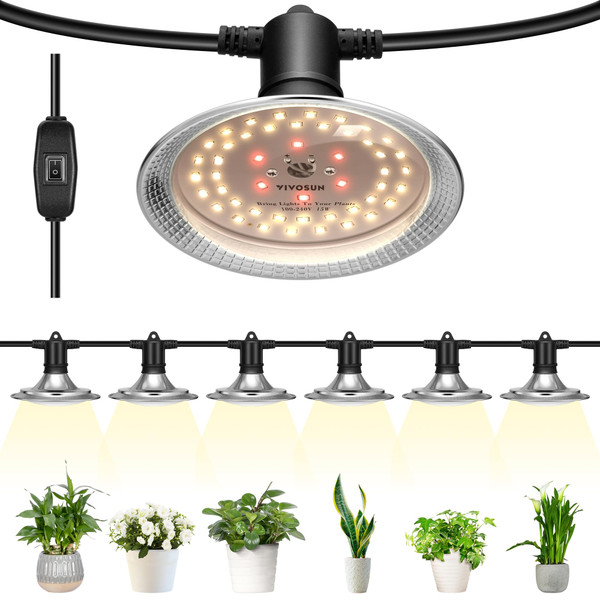 VIVOSUN Outdoor LED Grow Lights, Waterproof String Grow Light, Full Spectrum Plant Growing Lights with 22Ft Adjustable Cord for Seedling, Veg, Flower in Greenhouse, Garden, Backyard, Farm (6-Light)
