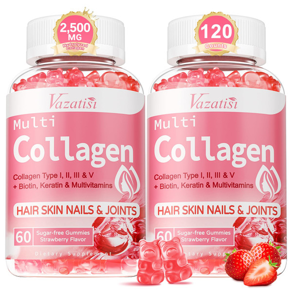 2 Pack Sugar Free Collagen Gummies for Women & Men | Hydrolyzed Collagen Peptides for Hair Skin & Nails | MultiCollagen Protein Type I II III V X with Biotin & Vitamin C | Strawberry Flavor, 120 Count