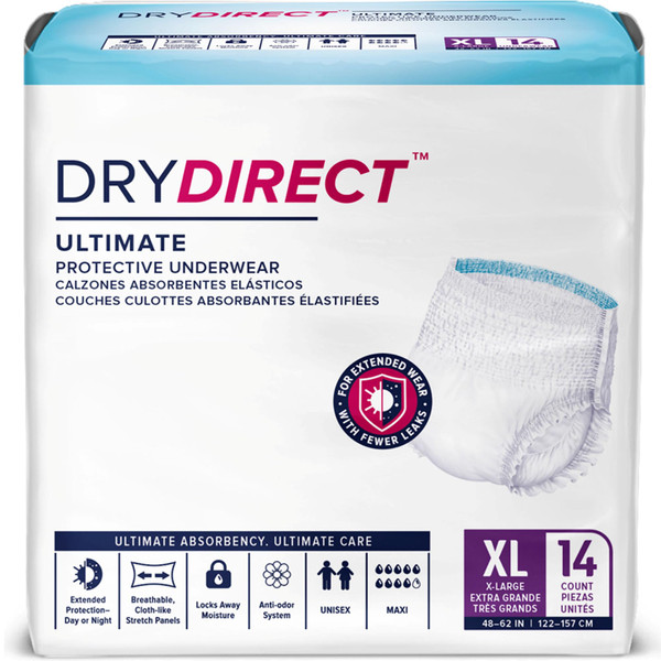 Dry Direct Ultimate Protective Underwear, Soft Cloth-Like Adult Diapers, Max Absorbency Disposable Incontinence Protection - X-Large (Pack of 14)