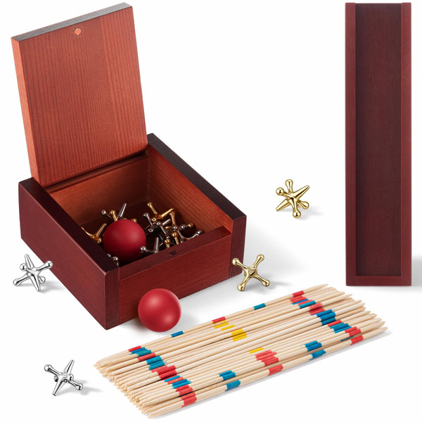 Hiboom 2-in-1 Classic Jacks Game and Pick up Sticks Game Set, Vintage Retro Family Games for Adults and Kid, Nostalgic Floor Games with Wooden Keepsake Box for Family Night, Birthday Gift, Party Favor