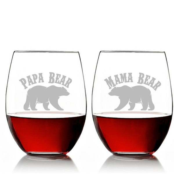 Papa Bear and Mama Bear Stemless 15 oz Wine Glass Set