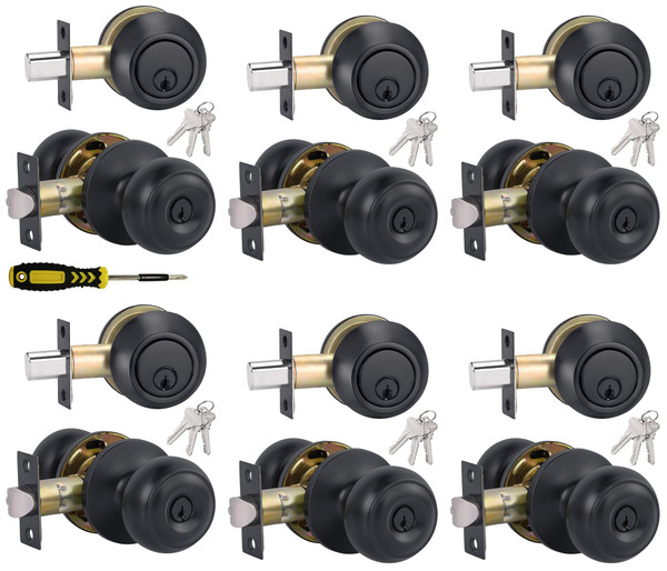 Lanwandeng （6 Sets） All Keyed Alike Entry Door Knobs and Single Cylinder Deadbolt Lock Combo Set, Security for Entrance and Front Door with Classic Matte Black Finish