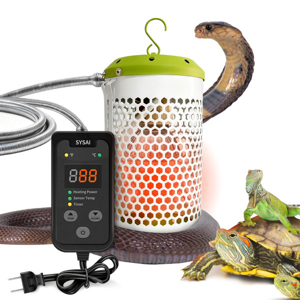 SYSAI Smart Reptile Warmer with Built-in Thermostat, Red Light Bulb, and Bite-Proof Cord – Safe for Snakes, Lizards, Chameleons, Turtles, Chicks, Amphibians, and Flower Pots