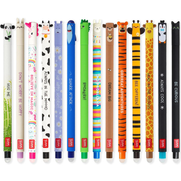 LEGAMI - Set of 14 Cute Erasable Gel Pens with Thermosensitive Erase Ink, Range of ink colours & barrel designs, 0.7mm Tip, Animal Designs, Panda, Bunny, Unicorn etc