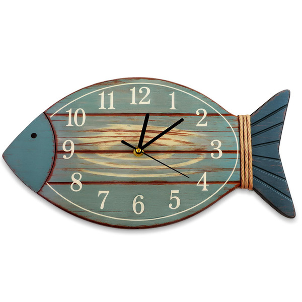 Cunno Silent Beach Wall Clock Wooden Non-Ticking Coastal Sea Fish Clock