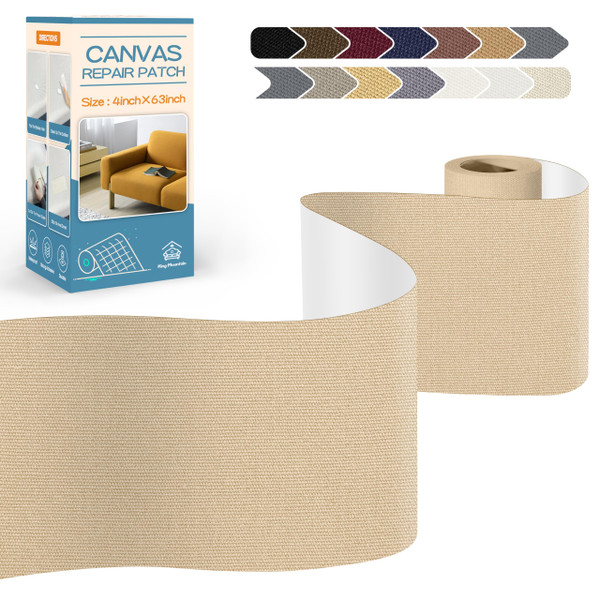 KING MOUNTAIN Canvas Repair Tape,Outdoor Gear Patch, 4×63 Inches,Waterproof,Self-Adhesive for Repairing Boat Covers,Sun Shades,Sofas,Tents,Lounge Chairs,Awnings (Khaki)