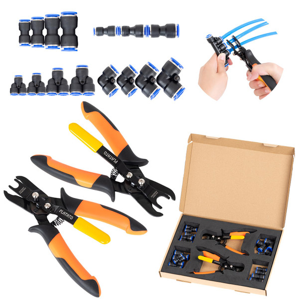 PLATATO Push to Connect Fittings Air Line Disconnect Tool Kit Push Fitting Removal Tool for 1/4”, 5/16”, 3/8”, 1/2” (6mm, 8mm,10mm,12mm) Quick Connect Release Pliers with 15 Pcs Pneumatic Fittings