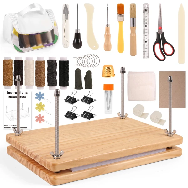 MAKEASY 50Pcs Book Binding Kits with Book Press (11.6x7.8in), DIY Bookbinding Kit with Waxed Thread, Needles, Bone Folder, Scissors & Bookbinding Supplies for Beginners & Professionals