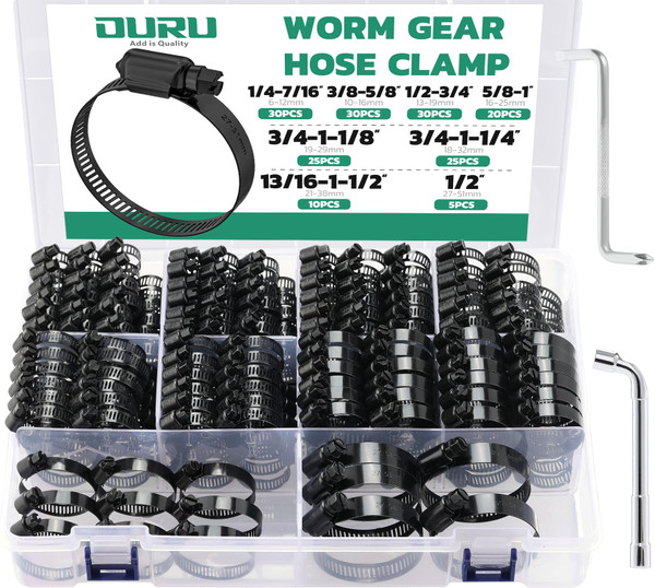 OURU Black Hose Clamp-175PCS Stainless Steel Hose Clamps Assortment Adjustable 1/4"-2"(6-51mm) Worm Gear Hose Clamp,Heavy Duty Small Hose Clamps for Automotive,Pipe,Radiator Plumbing,Fuel Line