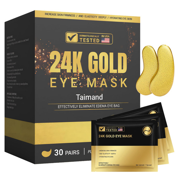 Taimand 24K Gold Collagen Under Eye Patches for Dark Circles, 30 Pairs