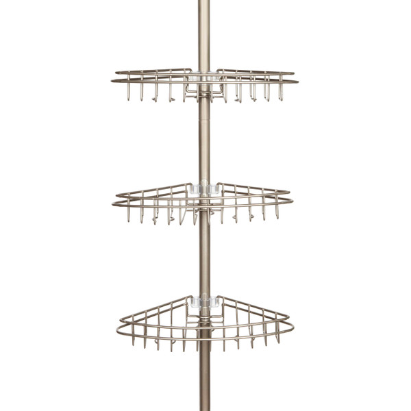 Kenney KN61520 Adjustable Height (5'-9') Spring Tension Metal Corner Pole Shower Caddy with 3 Adjustable Rust-Proof Basket Shelves, Towel Bars, and Razor Holders for Bathroom Shower, Satin Nickel