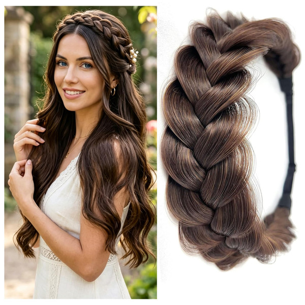 TOECWEGR Synthetic Hair Braided Headband Classic Wide Strands Wedding Disorderly Fluffy Braids Wig Band Women Beauty Accessory