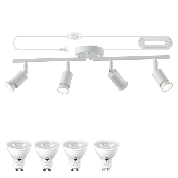 vivihobb Dimmable Plug in Track Lighting,Plug in Ceiling Light Fixture,White 4 Light Track Light with 16.4' Long Cord,Dimming Switch,4 Way Ceiling Spotlight,Rotatable,LED Bulbs Included