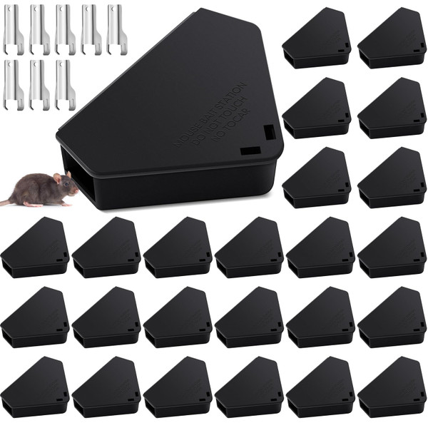 Qualirey 24 Pcs Triangle Mice Rat Bait Stations, 5x3 in, Black,Silver Key
