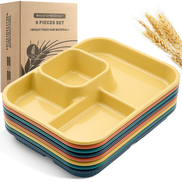 Pinkunn 8 Pcs 10" Divided Plates Wheat Straw, Orange, Yellow, Green, Blue