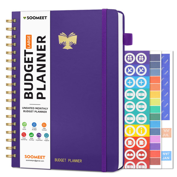 Soomeet Budget Planner - 7" x 10" Monthly Bill Organizer with Pockets, Undated Finance Planner with Expense Tracker Notebook, Budgeting Journal and Budget Book to Take Control of Your Money - Purple