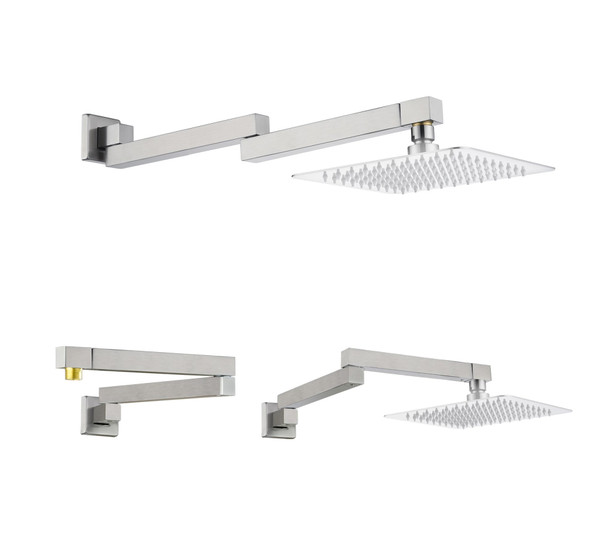 18.5 Inches Straight Extended Pivoting Shower Arm With Flange, Rain Shower Head Extension Arm, Square 360°Swiveling Foldable Shower Arm, Wall-Mounted Brushed Nickel Stainless Steel