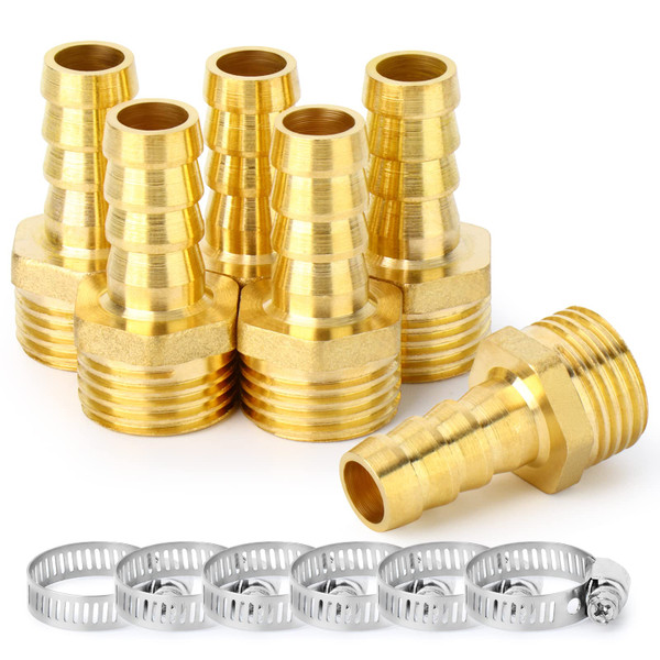 ChillWaves Brass Air Hose Fittings, Hose Barb Fittings 3/4" Barb x 1/2" NPT Male Thread Adapter with Hose Clamp(6-PACK)