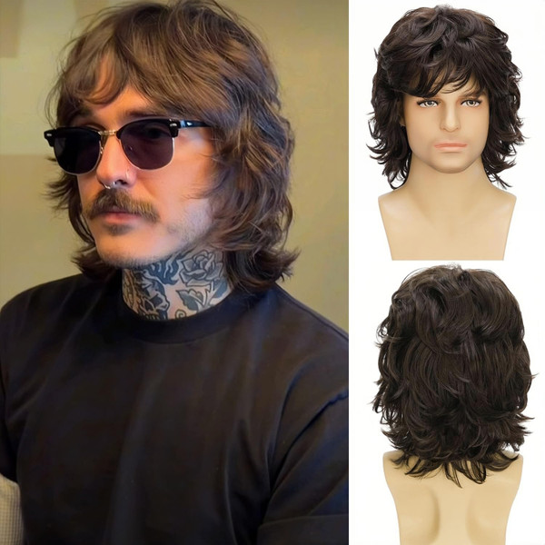 Sabosi Men's Short Brown Layered Curly Wig, Natural Fluffy Synthetic Full Hair Wigs for Daily Wear, Party, Halloween Costume & Cosplay