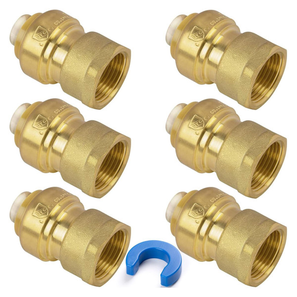 KAINGA 1/2" PTC to 1/2" NPT Female Adapter Push-Fit, Push to Connect Brass Plumbing Fitting for Copper, CPVC, PEX Pipes, With Upgraded Stiffener, Disconnect Clip Included, NSF & UPC Certified, 6 Pack