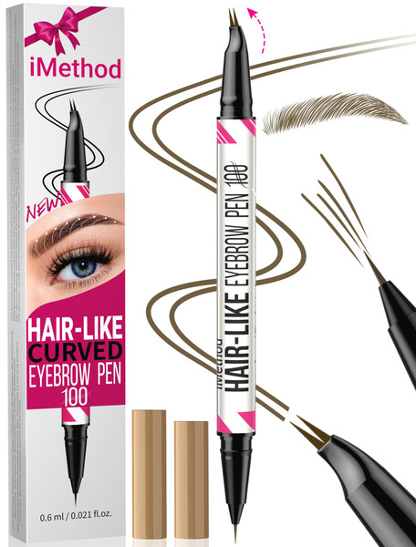iMethod Curved Eyebrow Pen - 2-in-1 Dual-Ended Microblading Eyebrow Pencil with Curved Tip and Precise Brush-Tip, Brow Pen for Natural Hair-Like Brows, Lasts All-Day, Brown