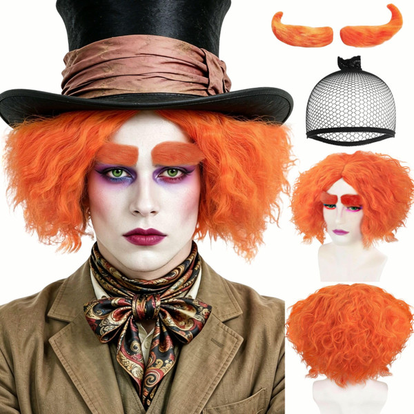 ANOGOL Short Orange Curly Wig Men Orange Clown Cosplay Wig Middle Part Hair