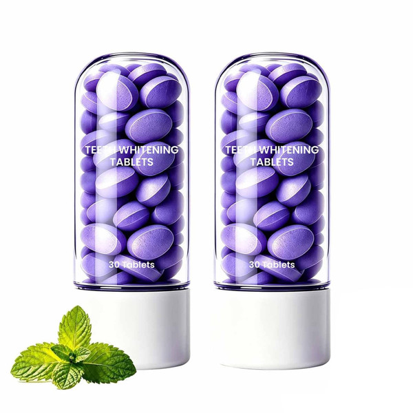 2 Bottle Teeth Whitening Tablets, Purple Toothpaste Tablets with Menthol, Xylitol & Grape Extract, Brighten Teeth, Freshen Breath & Remove Stains- 60 Counts